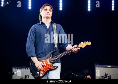 Glasgow, UK. 12th July 2024. Jacob Slater, Jamie Staples, Pete Woodin and Harry Fowler of the band 'Wunderhorse' perform at TRNSMT 2024 Stock Photo