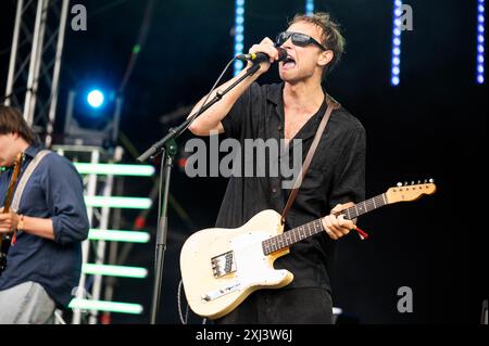 Glasgow, UK. 12th July 2024. Jacob Slater, Jamie Staples, Pete Woodin and Harry Fowler of the band 'Wunderhorse' perform at TRNSMT 2024 Stock Photo