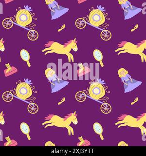 Childrens fairy pattern with princess and castle. Cute fantasy world clipart background. Childish magic pattern with cartoon characters. Stock Vector