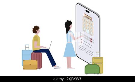 Landing page template with giant smartphone and hotel building, taxi, suitcase, tickets. Help for tourists or travellers. Modern isometric vector illu Stock Vector