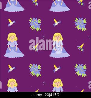 Childrens fairy pattern with princess and castle. Cute fantasy world clipart background. Childish magic pattern with cartoon characters. Stock Vector