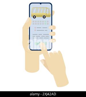 Bus schedule, ticket purchase on smartphone screen in hands on white background. Vector illustration. Concept for business, travel, travel agency, boo Stock Vector