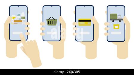 Pills, medicines, bank card, delivery truck, box on smartphone screen in hands on white background. Concept for pharmaceutical companies, app, pharmac Stock Vector