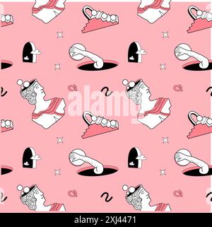 Contemporary surrealism y2k pattern with antique sculptures and psychedelic elements. Pink trendy pallete. Endless retro background for social media p Stock Vector