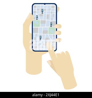 Electric charging point application, search on map for charger, smartphone 3d illustration. Vector illustration Stock Vector