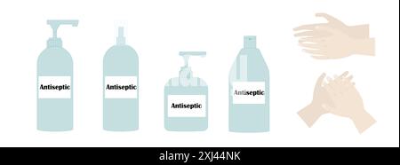 Set of different disinfectants on a white background and hands. Vector image in flat style, isolated. For articles, web banners, leaflets, posters and Stock Vector