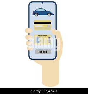 Car sharing, car rental. Car, bank, credit card, driver's license on the phone screen. Vector illustration of a phone in hands on a white background i Stock Vector