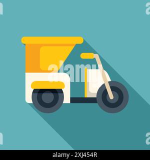 Yellow and white three wheeled motorized rickshaw taxi public transportation icon with a long shadow Stock Vector