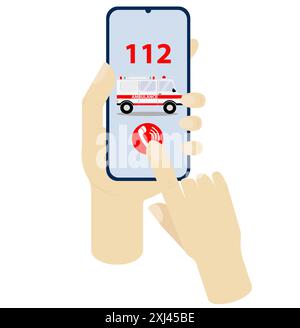 Ambulance call 112 on smartphone screen in hands. Flat illustration on white background. Concept for application, mobile site, business, medical cente Stock Vector