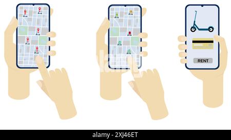 Set of pictures of a phone in hand renting a scooter on a white background, front view. Flat isolated vector illustration. Concept for scooter rental, Stock Vector