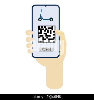 Electric scooter rental concept, sharing service. Locate,download application and register,scan QR code, ride green. Ecological transport. Stock Vector