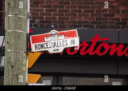 Roncesvalles Avenue street sign. Roncesvalles is a vibrant, multicultural area known for its Polish community, eclectic shops, and historic charm Stock Photo