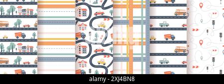 Kids seamless patterns set with car, bus and road. Perfect for fabric , digital paper, cards. Stock Vector