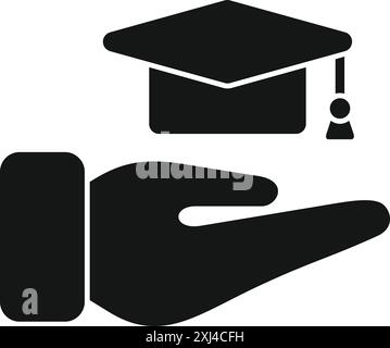 Black and white icon of an open hand holding a graduation cap, symbolizing the pursuit of knowledge and academic success Stock Vector