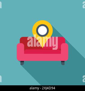 Yellow location pin pointing red sofa on turquoise background Stock Vector