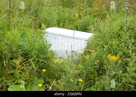 Fly tipping - Fridge freezer dumped on waste ground - UK Stock Photo