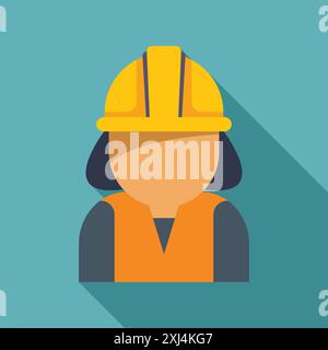 Female construction worker wearing a yellow hard hat and safety vest, representing workplace safety and industry Stock Vector