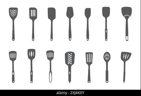 Spatula silhouette, Kitchen spatula silhouettes, Kitchen spatula bundle, Spatula vector set Stock Vector