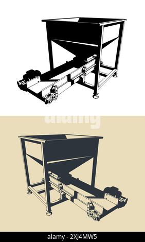 Stylized vector illustrations of a feeding hopper with belt conveyor Stock Vector