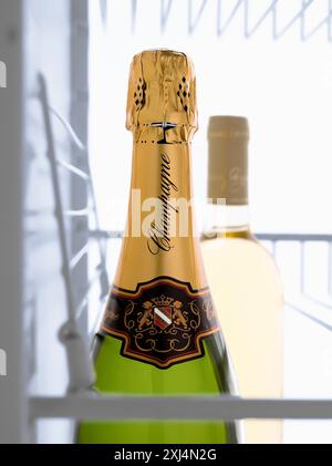 Champagne bottle in the fridge Stock Photo