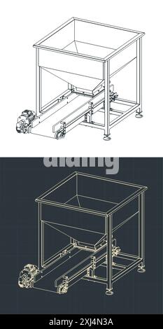 Stylized vector illustrations of technical drawings of feeding hopper with belt conveyor Stock Vector