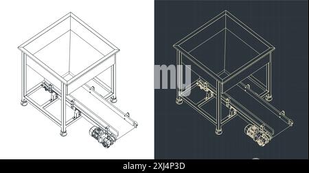 Stylized vector illustrations of technical drawings of feeding hopper with belt conveyor Stock Vector