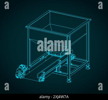 Stylized vector illustrations of technical drawings of feeding hopper with belt conveyor Stock Vector