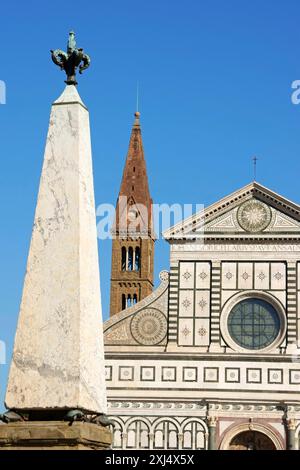 Detail of Church of Santa Maria Novella and the obelisk that stands in front of the main facade. Florence, Italy Stock Photo