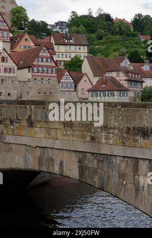 Old town in Schwaebisch Hall, half-timbered house, Grasboedele, mill, Kocher valley, Kocher river, stone bridge, bridge, Hohenlohe Stock Photo