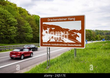 Tourist information board on the Drackensteiner Hang, A8 motorway near Hohenstadt in the Swabian Alb. Germany's most beautiful stretch of motorway Stock Photo