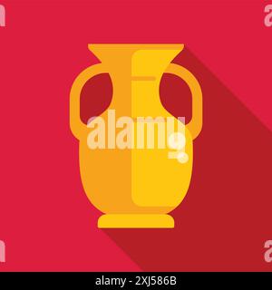 Golden amphora, an ancient greek two handled jar with a narrow neck, is casting a long shadow on a vibrant red background Stock Vector