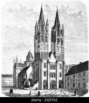 St-Etienne de Caen, Caen, France, double tower, church building in the Christian Middle Ages, 9th to 15th century, historical illustration 1880 Stock Photo