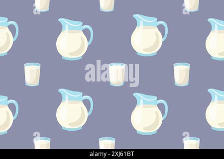 Bottle of milk, carton of milk, jug of milk. Seamless vector pattern. Stock Vector