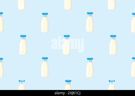 Bottle of milk, carton of milk, jug of milk. Seamless vector pattern. Stock Vector