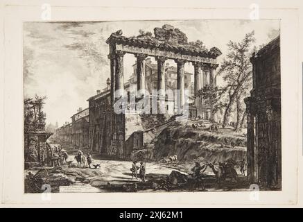 View of the so-called Temple of Concord with the Temple of Saturn and the Arch of Septimius Severus on the right Piranesi, Giovanni Battista 1720 - 1778, Piranesi, Francesco 1754 - 1810 Engraving, Print Giovanni Battista Piranesi, Henri Focillon, nr. 829, 40762, 1967. Giovanni Battista Piranesi: the complete etchings, John Wilton-Ely, nr. 242, 55434, 1994. Giovanni Battista Piranesi: A critical study with a list of his published works and detailed catalogues of the prisons and the views of Rome, Arthur M. Hind, pp. 31-73; 78 og 82, nr. 109 I, 8013, 1922 View of the so-called Temple of Concord Stock Photo