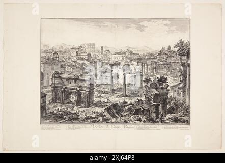 The Forum Romanum from the Capitol, with the arch of Septimius Severus, the Temple of Vespasian and the Colosseum in the distance Piranesi, Giovanni Battista 1720 - 1778, Piranesi, Francesco 1754 - 1810 Engraving, Print Giovanni Battista Piranesi, Henri Focillon, nr. 803, 40762, 1967. Giovanni Battista Piranesi: the complete etchings, John Wilton-Ely, nr. 148, 55434, 1994. Giovanni Battista Piranesi: A critical study with a list of his published works and detailed catalogues of the prisons and the views of Rome, Arthur M. Hind, pp. 31-73; 78 og 82, nr. 40 III, 8013, 1922 The Forum Romanum from Stock Photo