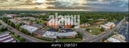 Aerial view of Fayetteville State University public historically black university in Fayetteville, North Carolina with dramatic colorful sunset sky Stock Photo