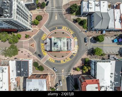 Aerial view of Fayetteville Market House historic colonial brick building with arches in downtown Hay street in the middle of a traffic circle surroun Stock Photo