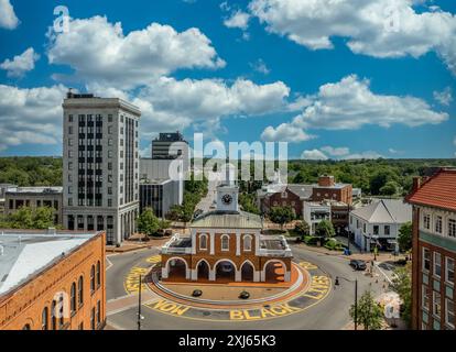 Aerial view of Fayetteville Market House historic colonial brick building with arches in downtown Hay street in the middle of a traffic circle surroun Stock Photo