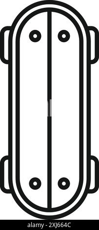 Black and white line art illustration showing a skateboard from above, highlighting its wheels and deck Stock Vector