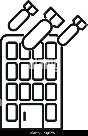Line art illustration of three bombs falling on a keyboard, representing the concept of cyber warfare Stock Vector