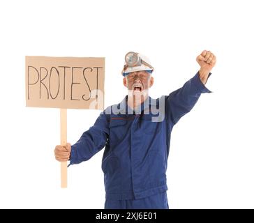 Protesting mature miner man with placard on white background Stock Photo
