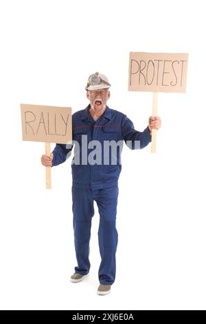 Protesting mature miner man with placards on white background Stock Photo