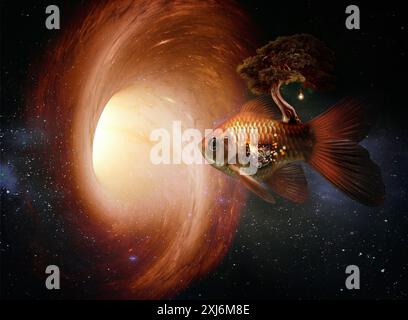Conceptual robotic fish with a tree and light bulb flying through outer space towards a black hole Stock Photo