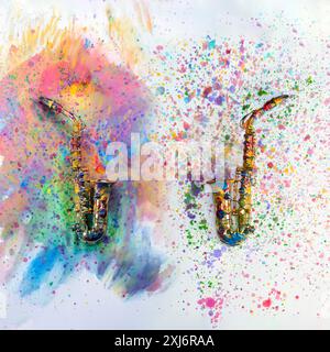 Two toy saxophones splattered with acrylic paint Stock Photo