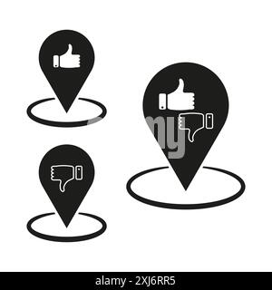 Location icon set. Thumbs up and down. Feedback symbols. Black vector markers. Stock Vector