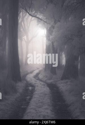 Winding dirt track through a snowy and foggy woodland landscape, Australia Stock Photo