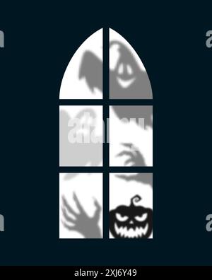 Halloween window silhouettes of ghosts, pumpkin and monster hands. Realistic vector eerie shadow of spooks in arched frame. Eerie and mysterious ether Stock Vector