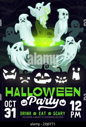 Halloween party flyer with spooky ghosts floating around a bubbling cauldron with green brew. Vector invitation poster for eerie night with all the th Stock Vector