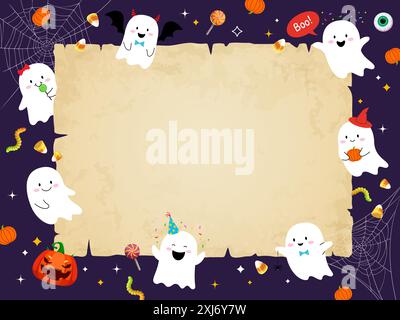 Halloween kawaii ghosts and holiday sweets on vintage manuscript scroll, vector background. Cartoon funny boo ghosts with pumpkin lantern in witch hat Stock Vector